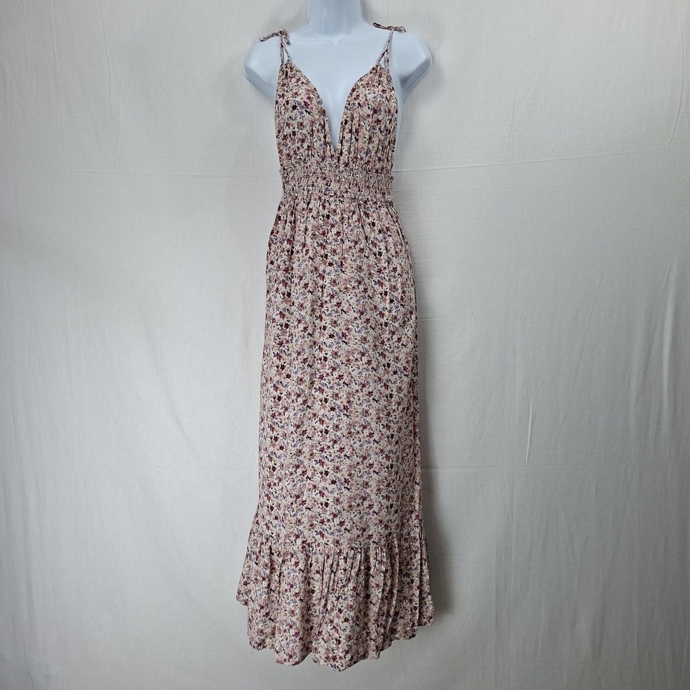 Evolutionary Junior XL Floral Gypsie Dress Maxi Smocked Waist Pink‎ Halter Tie